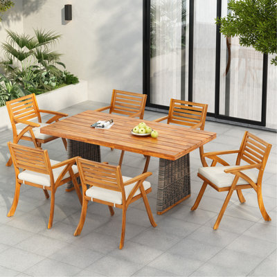 Outdoor 7 Pieces Acacia Wood Dining Set With Handwoven Rattan Legs