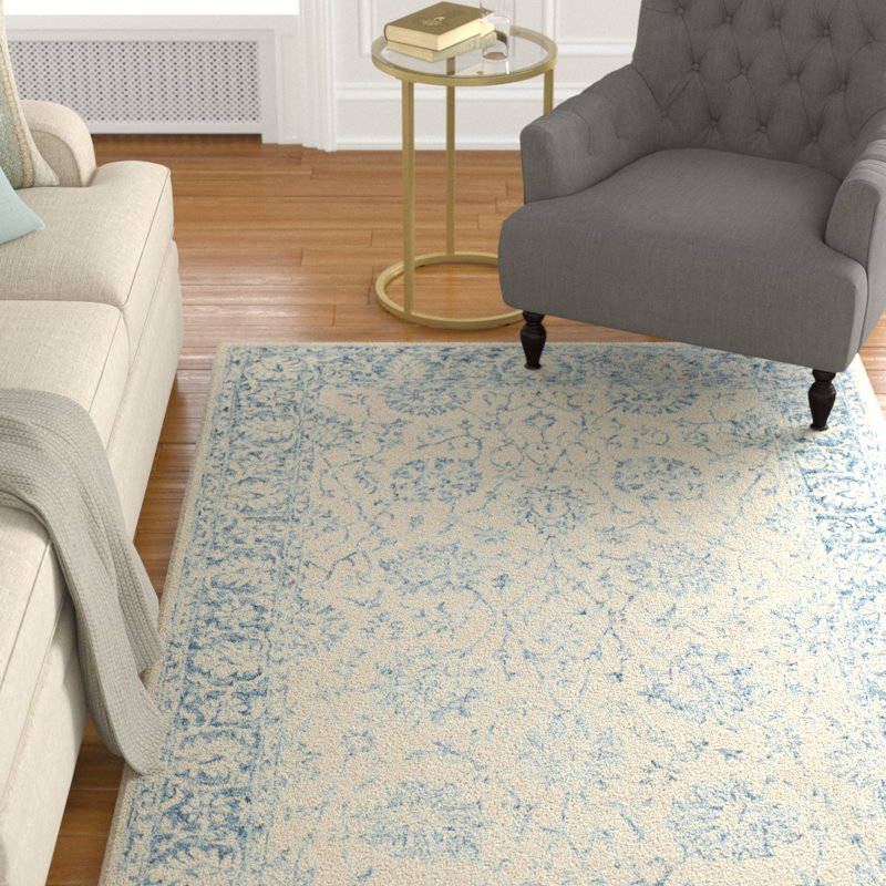 Ferrera Handmade Tufted Wool/Cotton Ivory/Blue Area Rug, Rectangle 8' x 10'