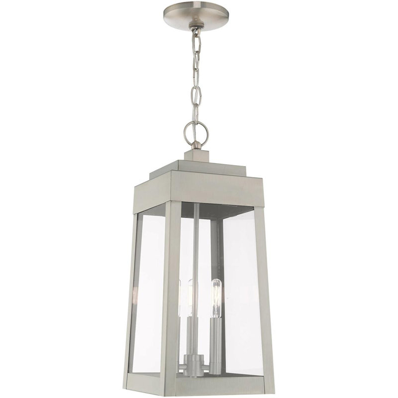 3 Light Outdoor Pendant Lantern with Clear Glass Shade, 19.75" H x 8.25" W x 8.25" D,  Brushed Nickel
