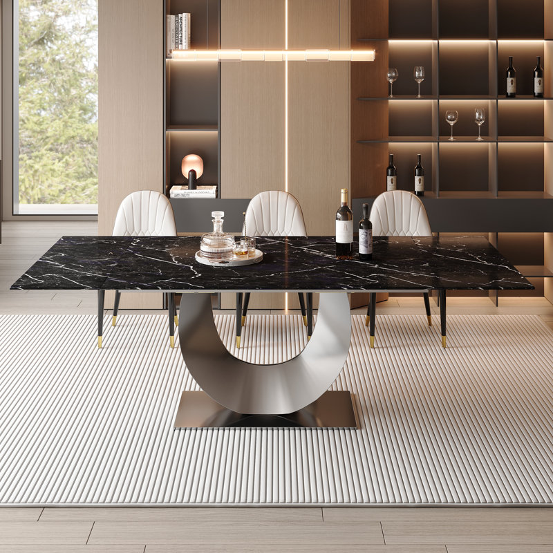 63'' To 94.5” Extendable Sintered Stone Dining Table For 8-10 With Stainless Steel Base, Shakespeare Black
