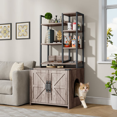 Cat Litter Box Enclosure With Feeding Station, Farmhouse Cat Litterbox Cabinet With Barn Door For Living Room, Bedroom, Grey