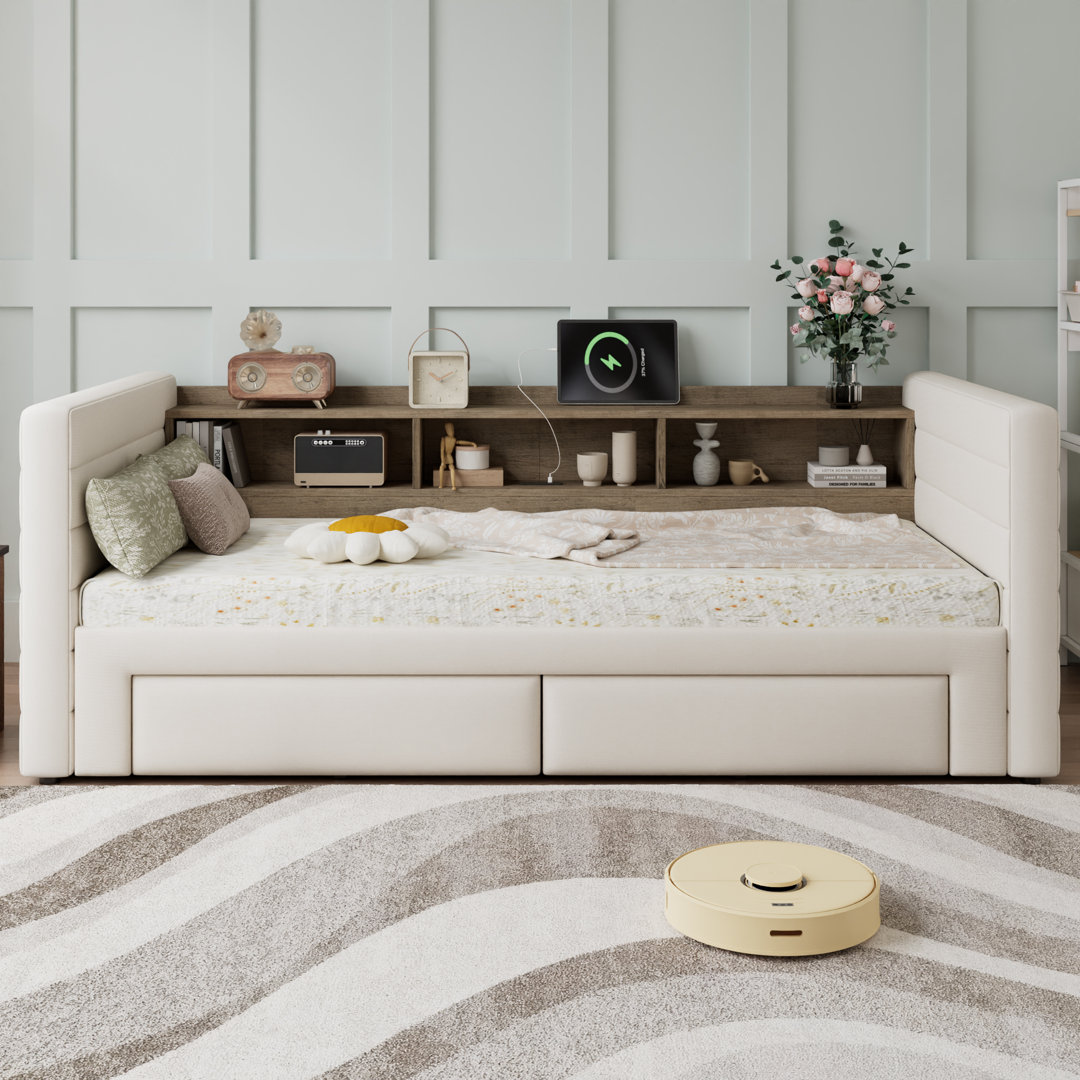 3ft Daybed with Pull Out Trundle and 2 drawers linen beige