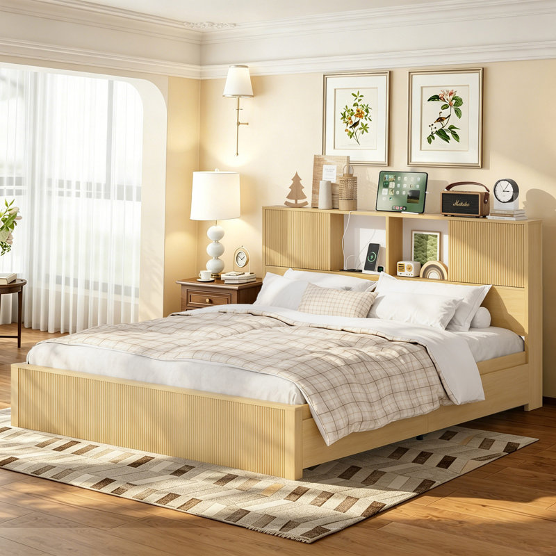Très grande base de lit avec 4 tiroirs de rangement, têtes de lit à 2 niveaux, ports USB intégrés et prises de courant