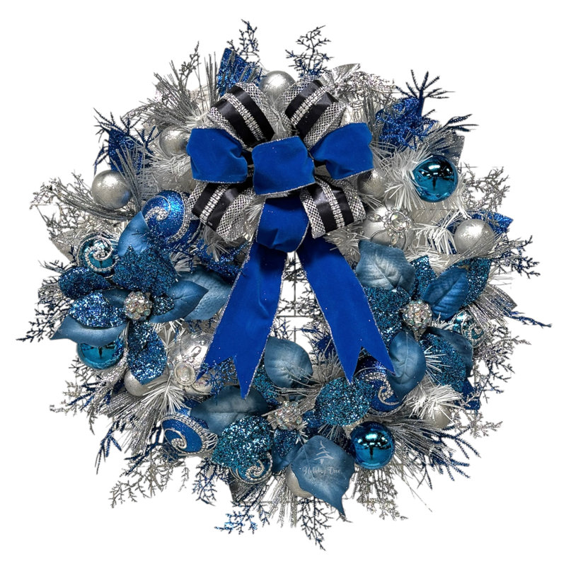 Lux Blue Christmas Handcrafted Faux Poinsettia 22'' Wreath