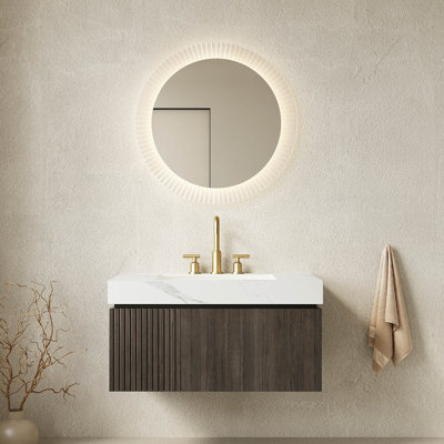 Meuble-lavabo 36 po, meuble de rangement flottant en contreplaqué avec tiroir et porte, comptoir en pierre frittée blanc Carrara et lavabo en céramique avec 3 trous de robinet pré-percés, pré-assemblé