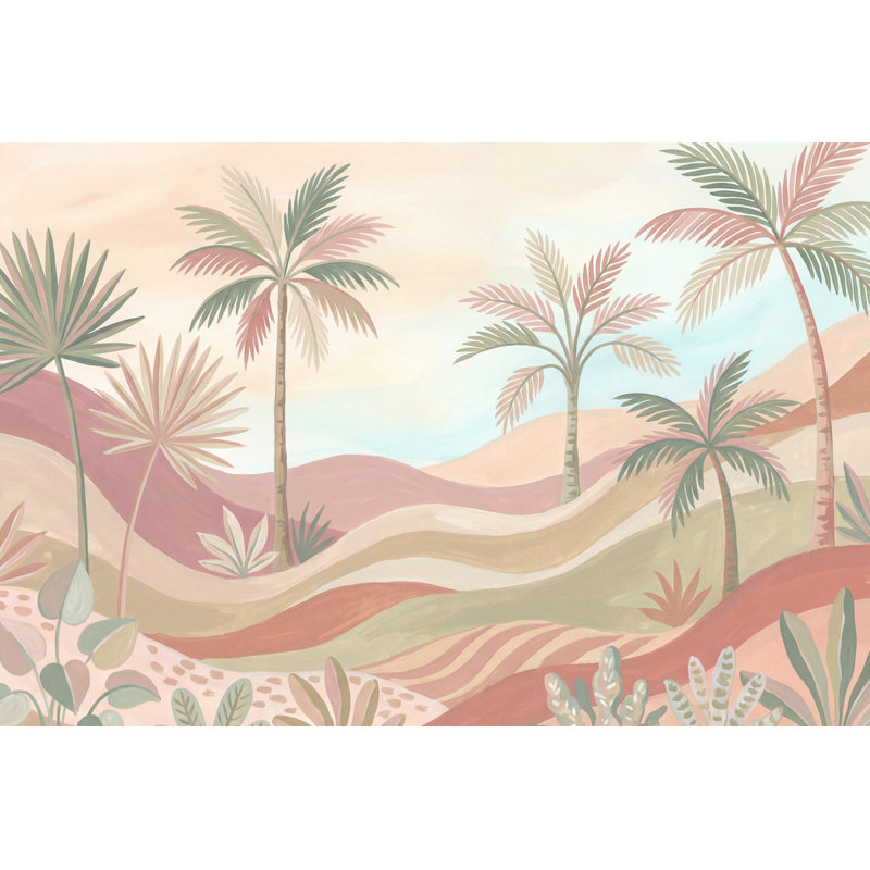 Papier peint pastel, paysage tropical, palmiers, désert, dunes, 140 po x 108 po, Texturé non collé