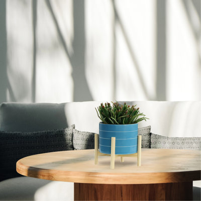 Pot à fleurs en céramique de 8 po avec base en bois - Idéal pour la pendaison de crémaillère