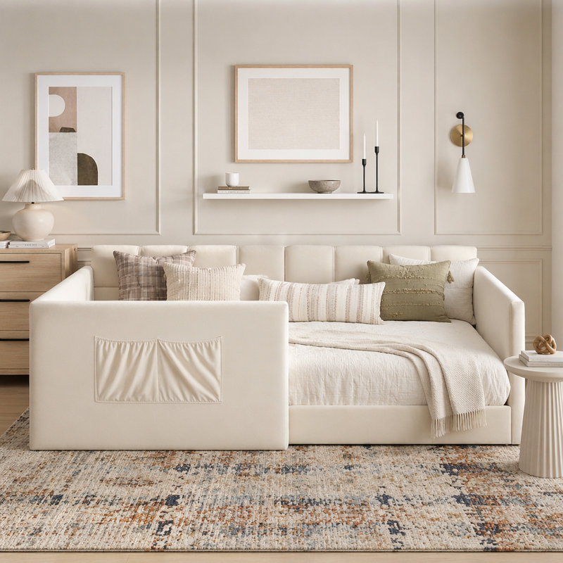 Canapé-lit en velours avec panneaux latéraux hauts et entrée latérale Day Bed, Lit simple, Beige