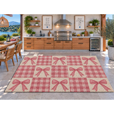 Tapis d'extérieur 152 x 213 cm, motif vichy rose à nœuds et carreaux, style patchwork, style moderne pour cuisine, en PVC épais et imperméable, à boucles enroulées. Séchage rapide. Idéal pour l'intérieur et l'extérieur, avec sa cuisine, son porche, sa terrasse ou son entrée.