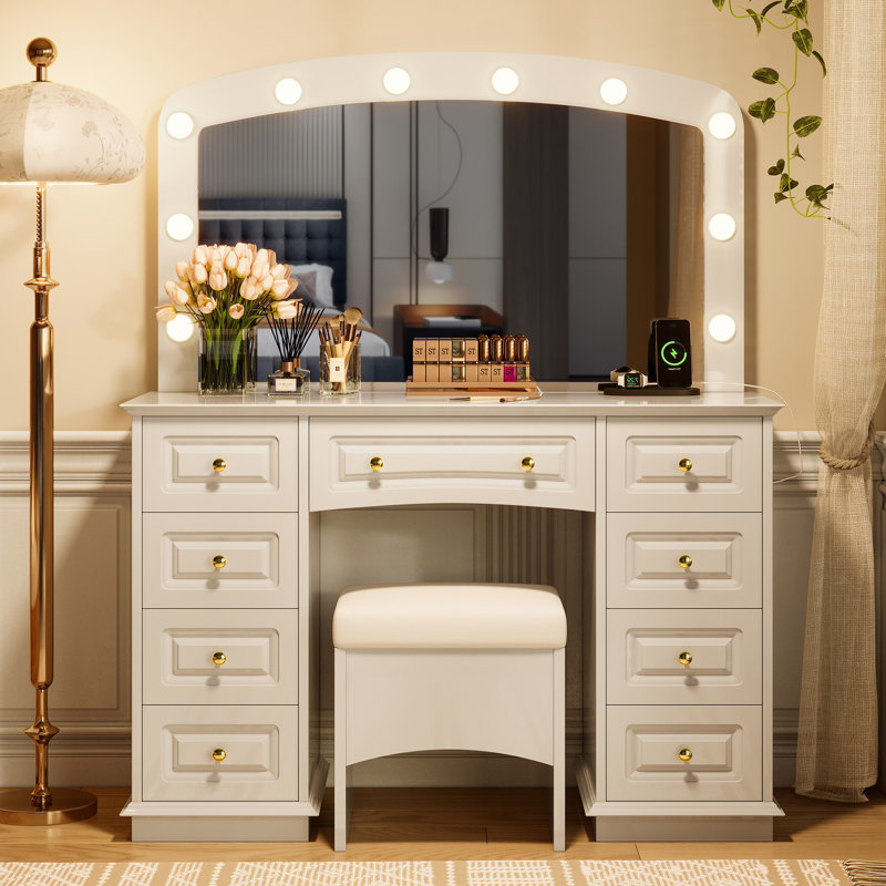 Luxurious Makeup Vanity with 10 Hollywood Bulbs, 3 Color Lighting Modes, Classic Dressing Table with Cushioned Stool and 9 Storage Drawers for Bedroom, White
