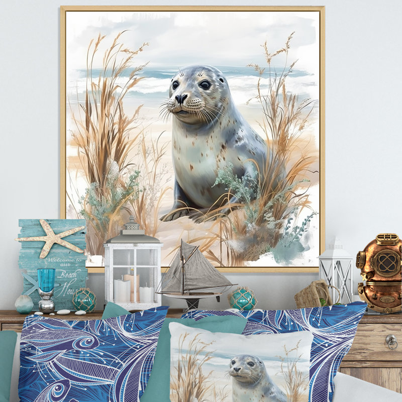 «Coastal Animal Charm In Winter», reproduction d'art sur toile plage et océan, Cadre naturel flottant, H 30 po x l 30 po