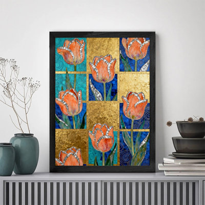 Art mural encadré noir avec tulipe fantaisiste, impression de cadre géométrique doré Art Nouveau