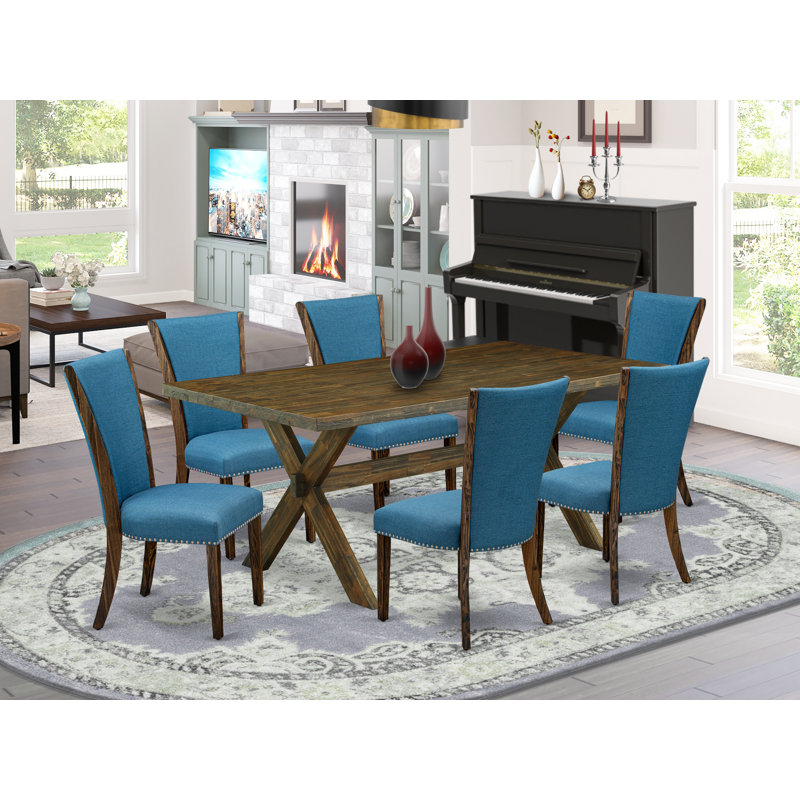 Ensemble de meubles de salle à manger 7 pièces comprenant une table de salle à manger rectangulaire avec pieds en X et 6 chaises Parsons en tissu de couleur bleue, jacobine vieilli