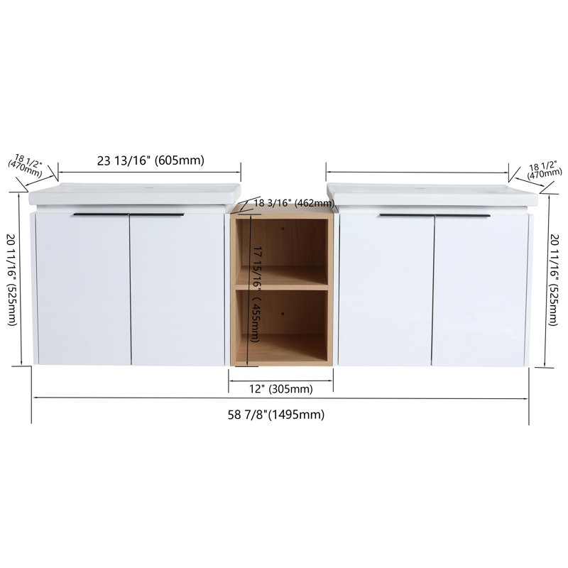 Sinaed 59.62'' Double Bathroom Vanity with Ceramic Top