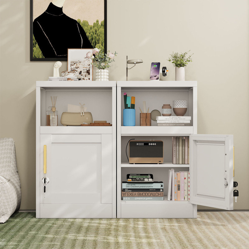 27.56"White Modern Metal Bed Sidetable Nightstand with Locked Doors, White