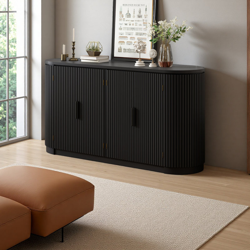 Vertical Striped Door Storage Cabinet With Metal Handles, Adjustable, Suitable For Study, Entryway And Living Room, Black
