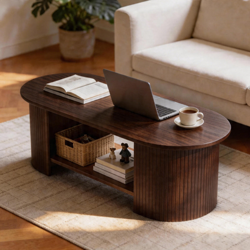 Table basse ovale de 42,51 po avec rangement, table de bout Mid-Century moderne à 2 niveaux pour le salon, Noyer