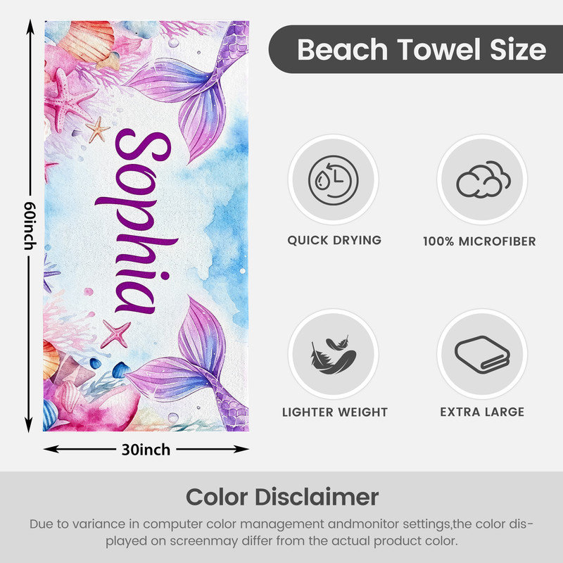  Serviette de plage personnalisée avec nom, serviette de bain en microfibre personnalisée 30 * 60 pouces, aquarelle sirène
