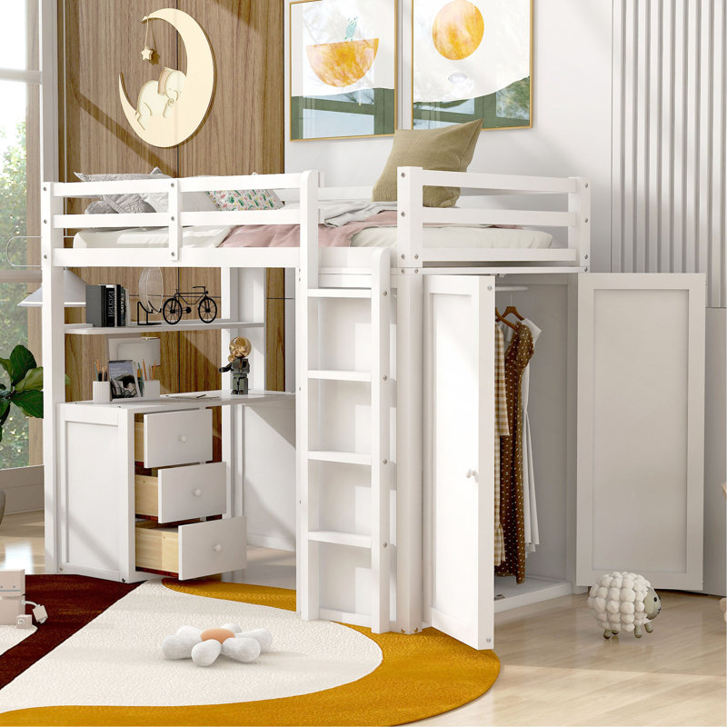 Twin Size Loft Bed With Drawers,Desk,And Wardrobe, White