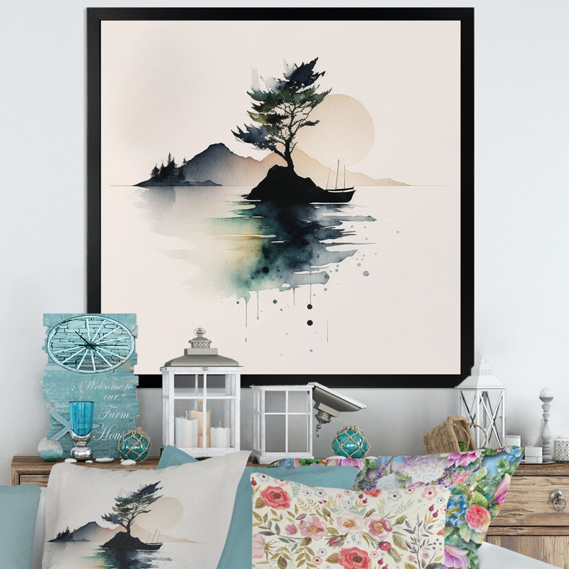 «Green Watercolor Tree by the Lake», reproduction sur toile, H 24 po x l 24 po x P 1 po, Cadre photo noir