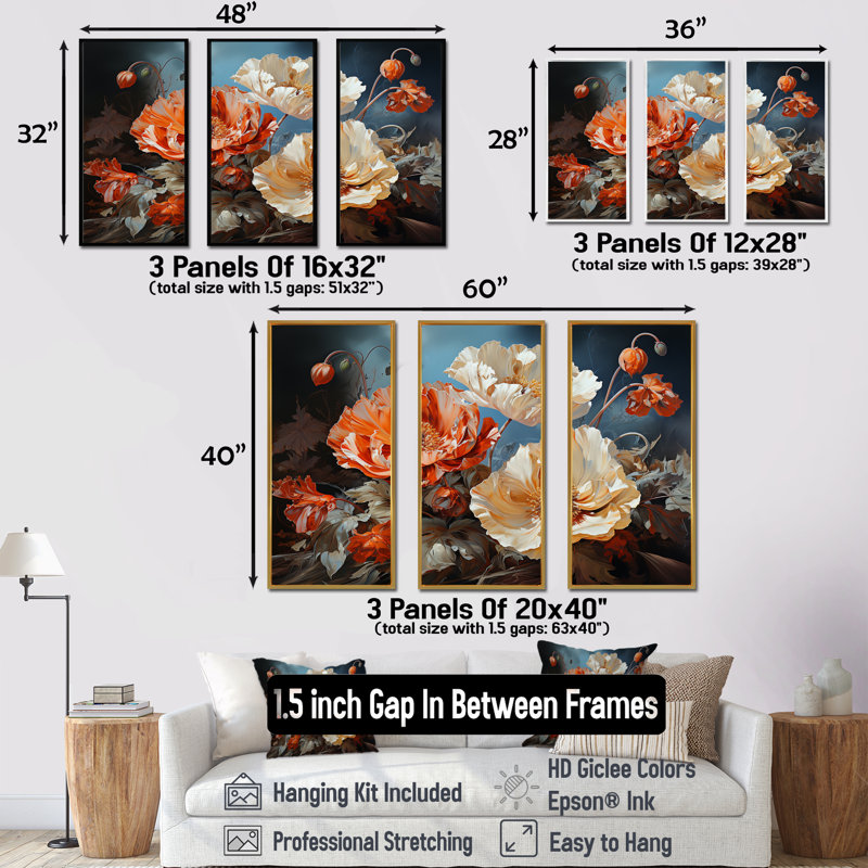 Vivid Poppy Moments III - Ensemble d'art mural coquelicots, Cadre flottant blanc, H 28 po x l 36 po x P 1 po