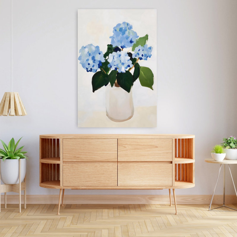 Hortensia dans un vase, art mural contemporain abstrait, H 48 po x l 32 po