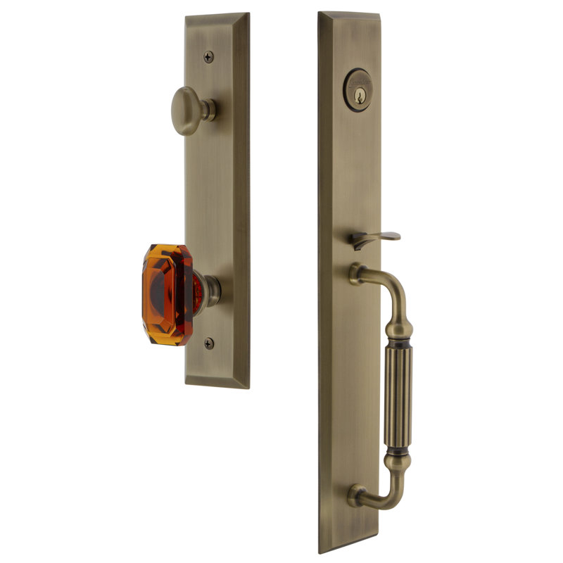 Fifth Avenue Handleset with Single Cylinder Deadbolt and Baguette Door Knob and Rosette, 2.375", Vintage Brass