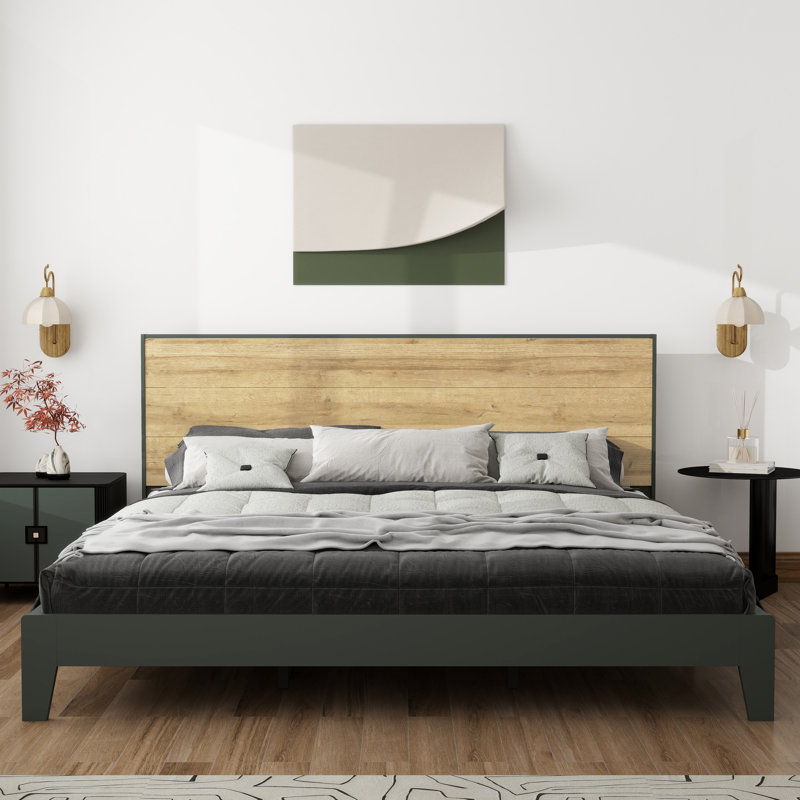 Allyannah Levison Platform Bed With Headboard, King, Kale Green/Reviera Eichi