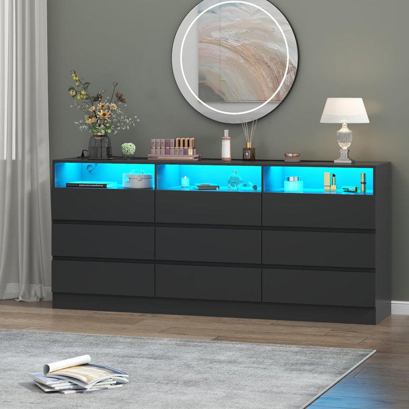 Commode triple 9 tiroirs 63 po, Noir