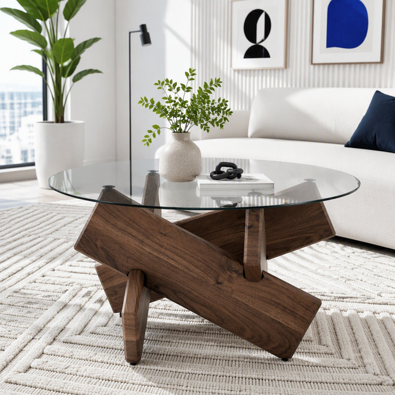 Table basse ronde artistique en forme de croix avec plateau en verre trempé gris fumé et piètement en MDF à motif noyer