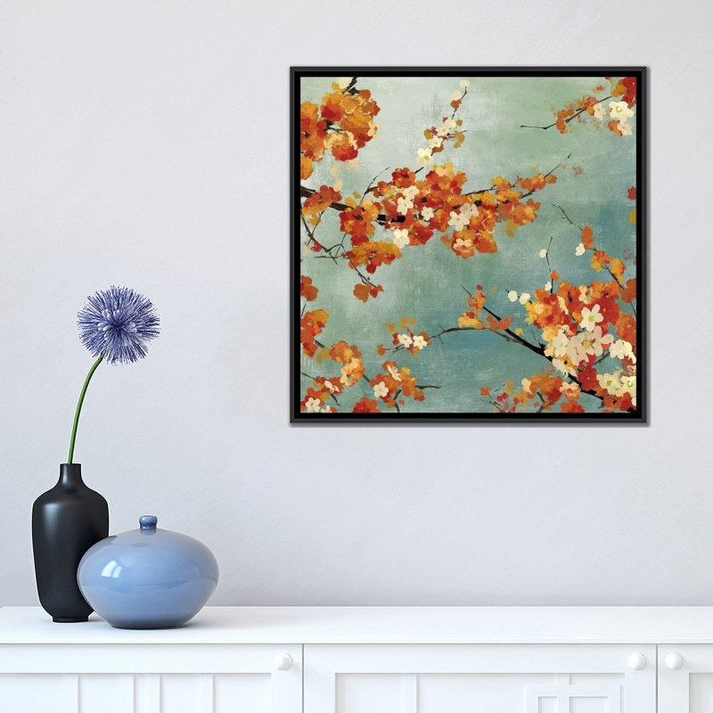 « orange fleurs ii », reproduction sur toile, H 18 po x l 18 po x P 1,5 po, Toile avec cadre noir, Pas de tapis
