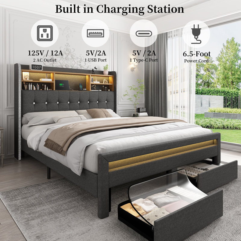 Bed Frame with Bookcase Storage Headboard and 2 Drawers Upholstered Tufted Wingback Beds, Gray, King