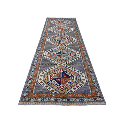 4'1"x11'9" Gray Wide Runner Afghan Village Design Wool Hand Knotted Rug 1C7AEF97D0C64A039F04C267DED2F00D