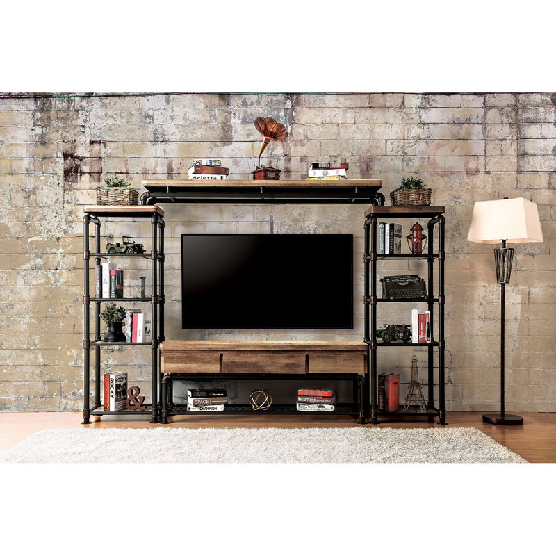 Console de style industriel avec structure en métal et bois, finition noire et ton antique