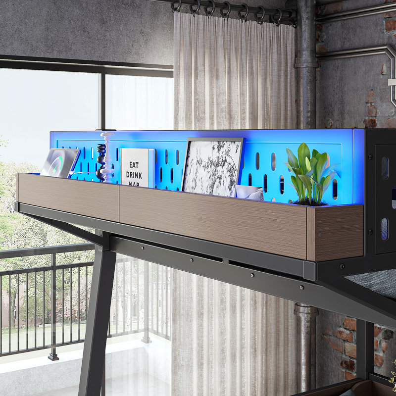 Lit superposé simple avec tablettes de rangement, structure de lit superposé en métal avec lumière DEL et ports USB pour enfants, adolescents
