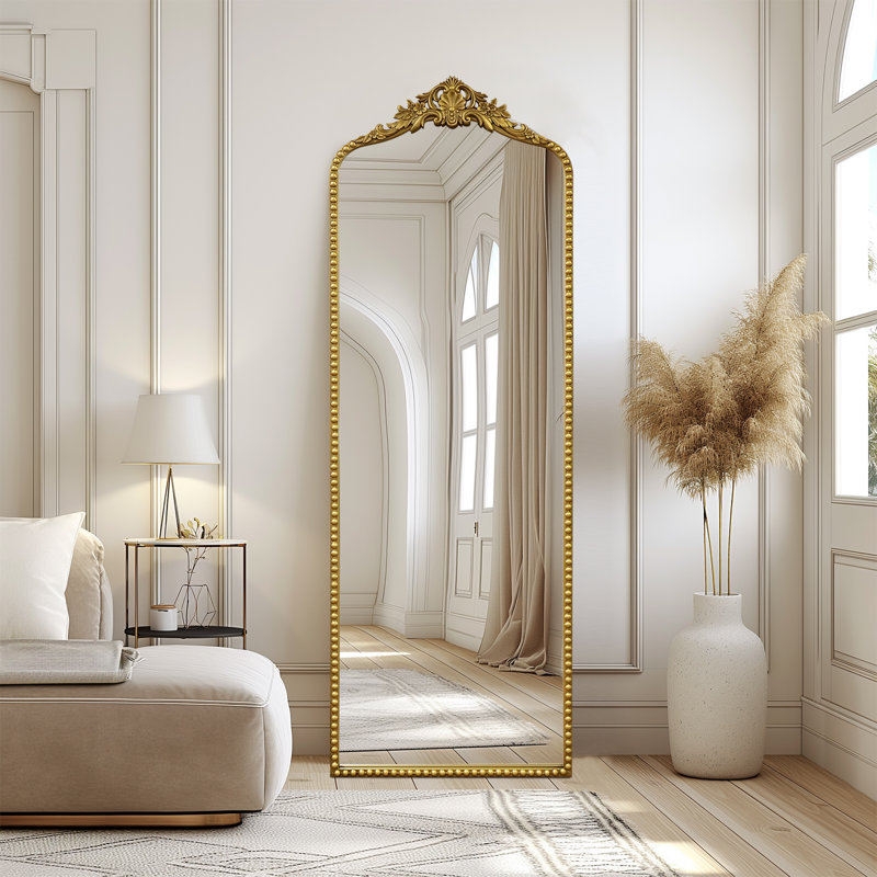 Miroir de plancher arqué antique orné pleine longueur / autoportant, 22 x 65 pouces, or rétro, 65 po x 22 po, Or rétro