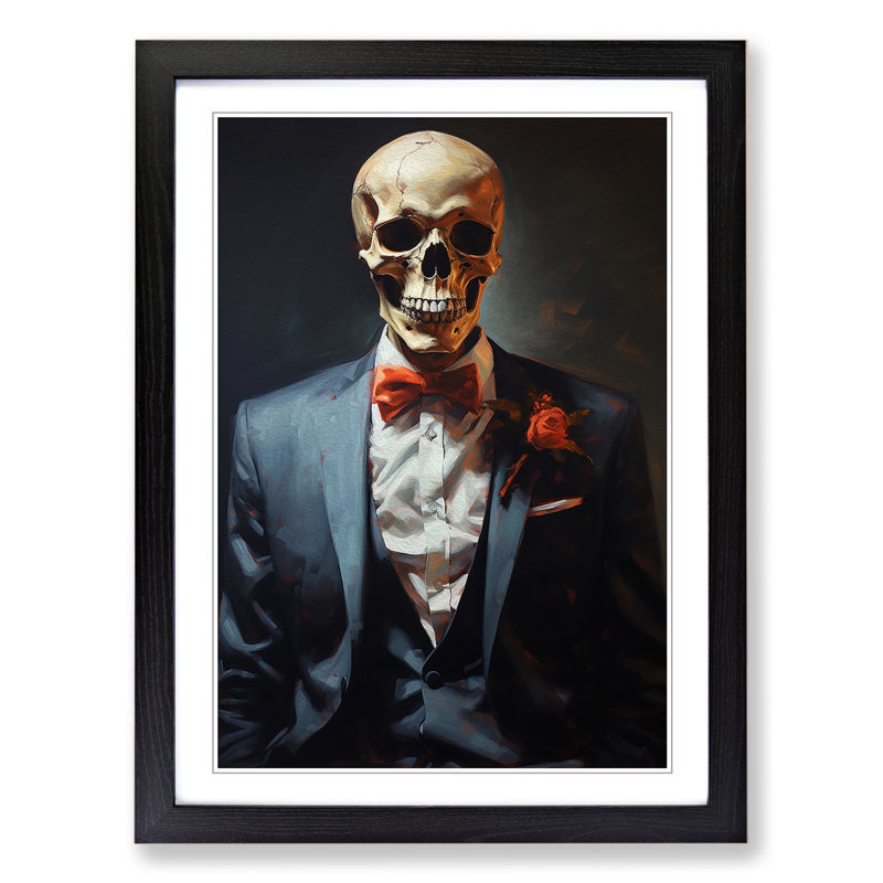 Skeleton in a Suit Painting - Framed Print, 34cm H x 25cm W x 2cm D, Black Framed