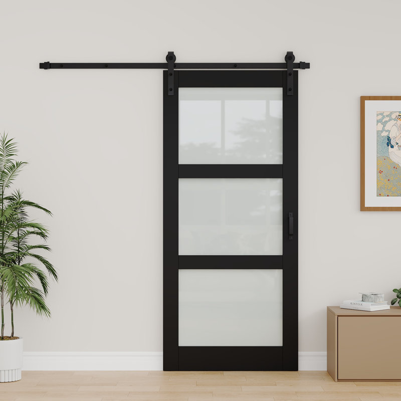 Panneau de porte pré-assemblé, porte de grange coulissante en verre trempé givré en bois massif avec finition noire, Standard