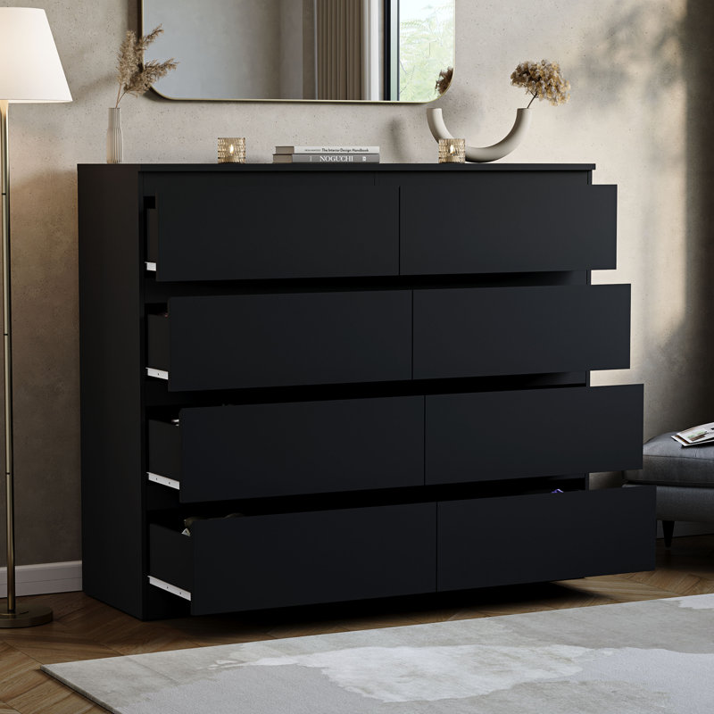 Cunha 8 - Drawer Wide Chest of Drawers, Large Bedroom Storage Cabinet, Black