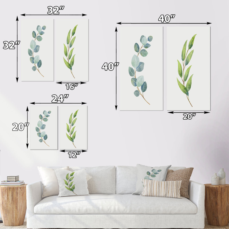 «Green Otanical Leaves and Flower V», ensemble de 2 impressions, H 20 po x l 24 po x P 1 po, Toile tendue