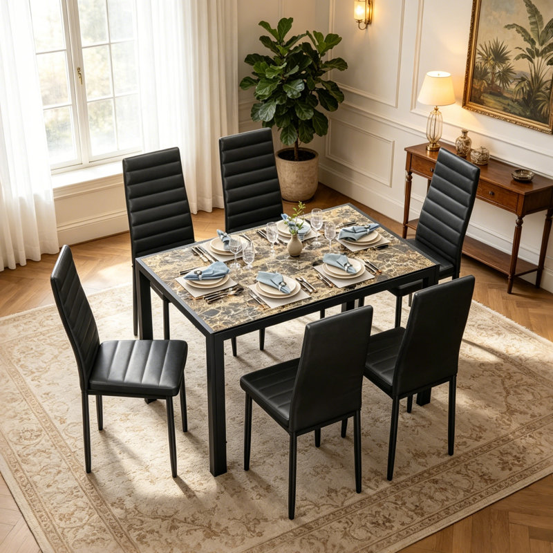 Ensemble de salle à manger 7 pièces avec table en verre et 6 chaises en similicuir, Noir, noir, noir, noir, Marbre