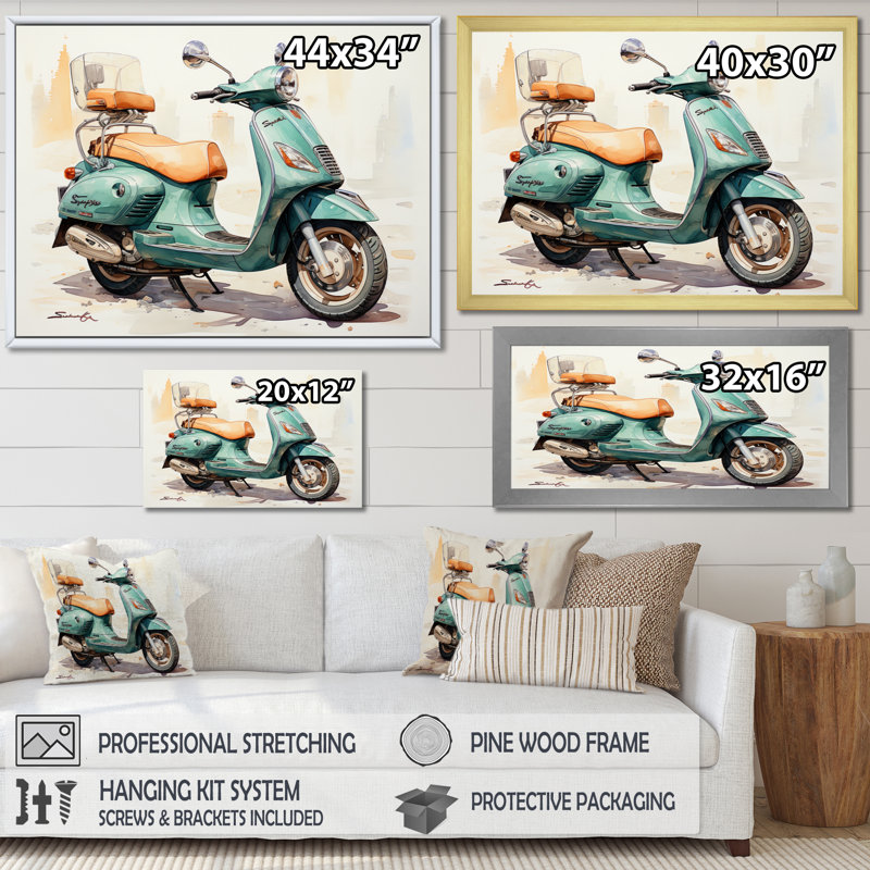 «Green Scooter Family Fun», reproduction d'art sur toile, Toile tendue, H 34 po x l 44 po x P 1,5 po