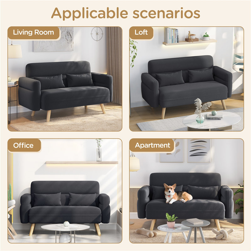  Modern Fabric Sofa Couch 2 Seater Sofa  Upholstered Loveseat, Dark Grey