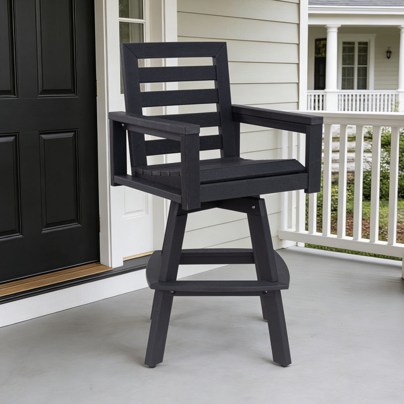 Outdoor Swivel Bar Stool, Carbon HDPE Patio Bar Chair With 360° Swivel & Ladderback, All-Weather Bar Height Stool For Deck, Porch, Poolside, Hot-Embossed Wood Grain