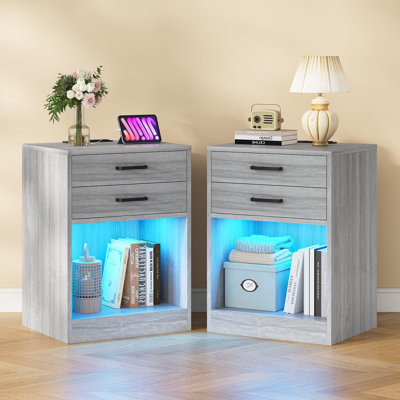 Led Nightstands Set Of 2,nightstand With Charging Station, Bedside Table With Power Outlets And Drawer