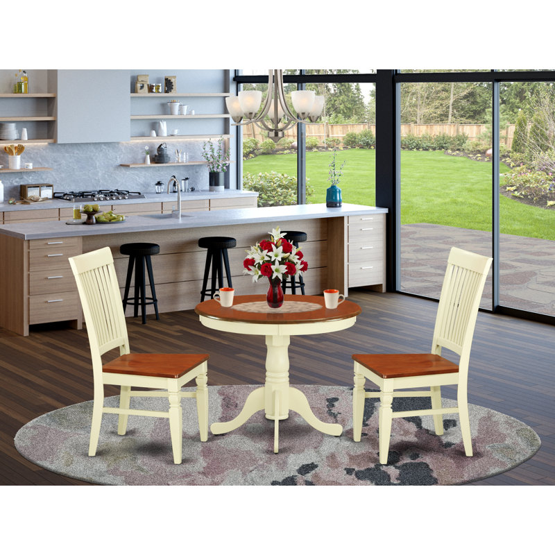 3 Piece Dining Room Table Set Contains a Round Kitchen Table with Pedestal and 2 Dining Chairs, 36x36 Inch, Buttermilk & Cherry