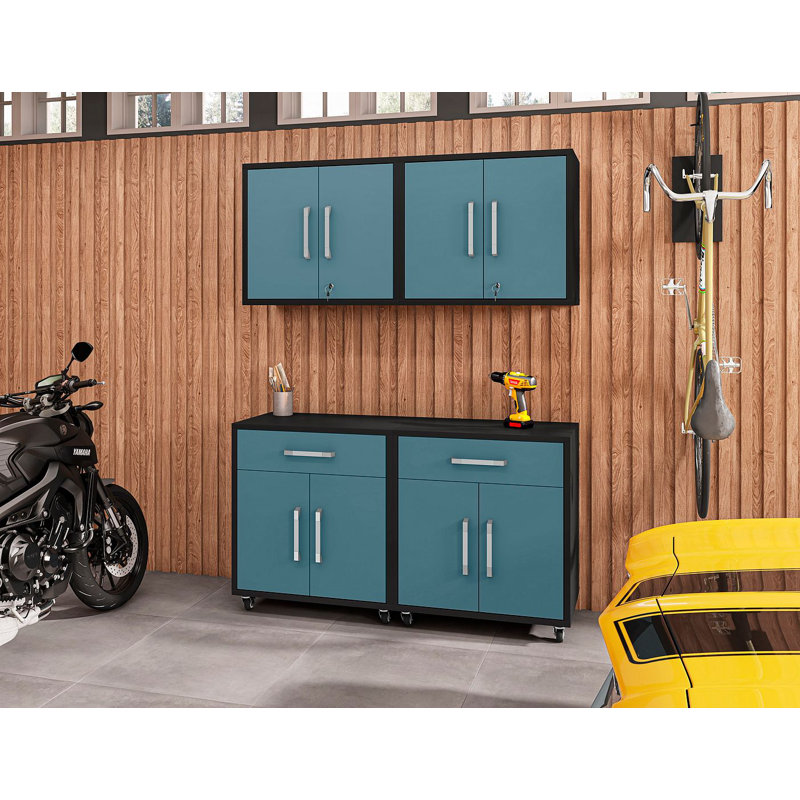Aseem 4 Piece Storage System, Matte Black/Aqua Blue