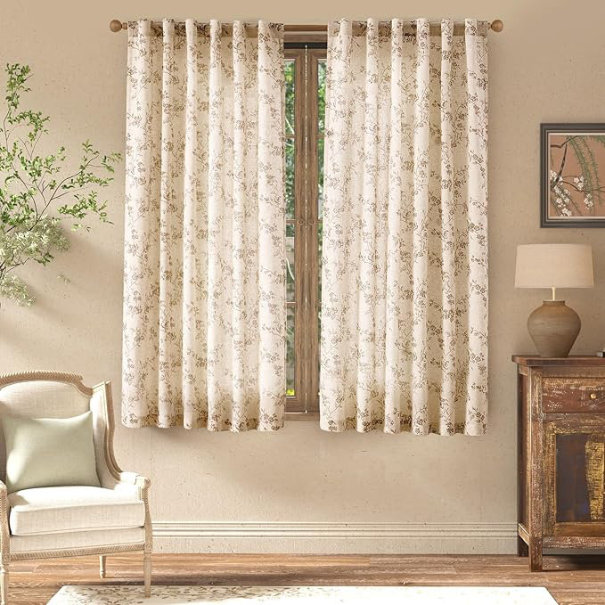 Paire de rideaux en lin à imprimé floral, L 50 po x L 63 po, Taupe