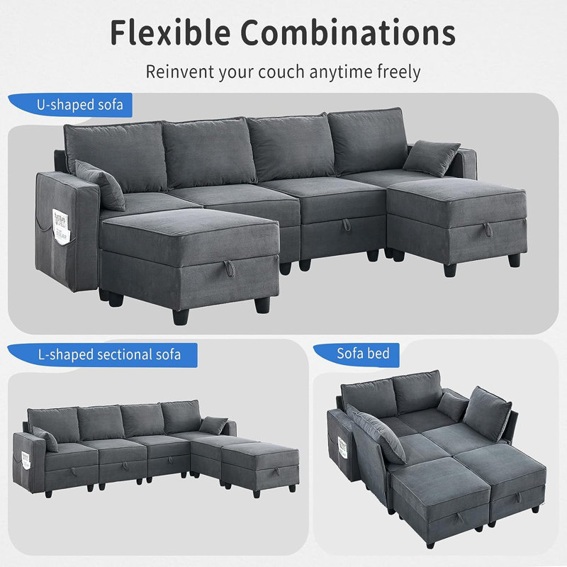 Canapé modulaire rembourré 6 pièces Kenda, Velours côtelé gris foncé