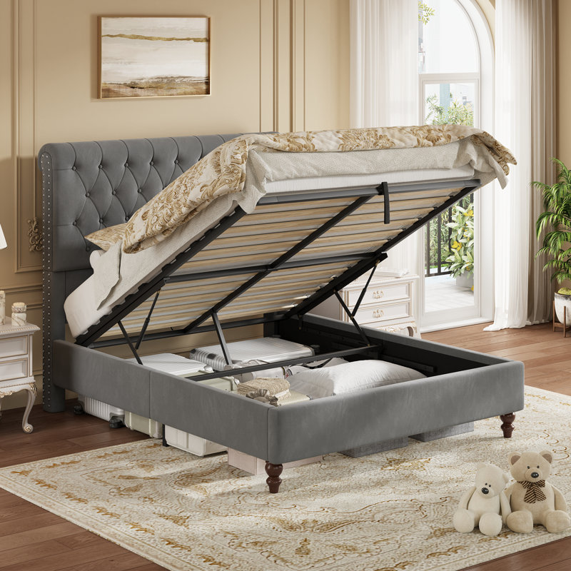 Velvet Ottoman Storage Bed With Button-Tufted Scroll Headboard, Double (4'6), Grey